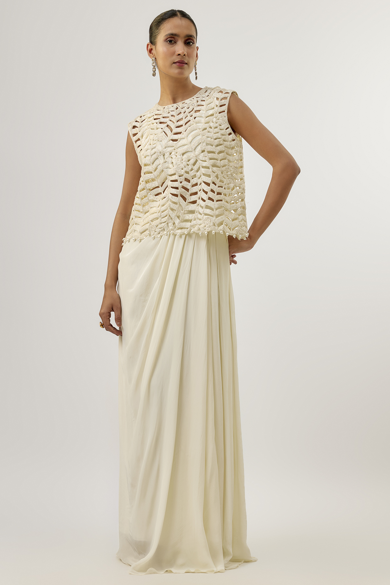 Ivory Crepe Skirt Set by ASHUTOSH JOSHI at Pernia's Pop Up Shop