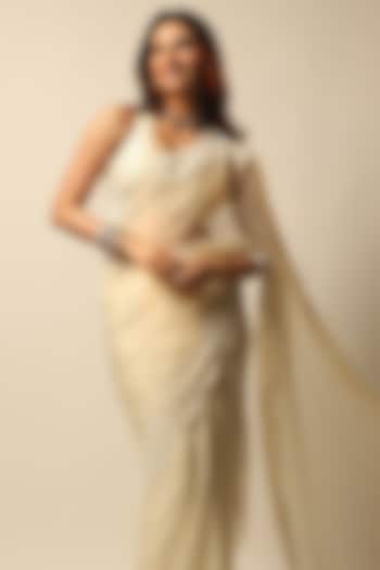 Ivory Organza Abstract Cutwork Reception Saree Set by ASHUTOSH JOSHI at Pernia's Pop Up Shop