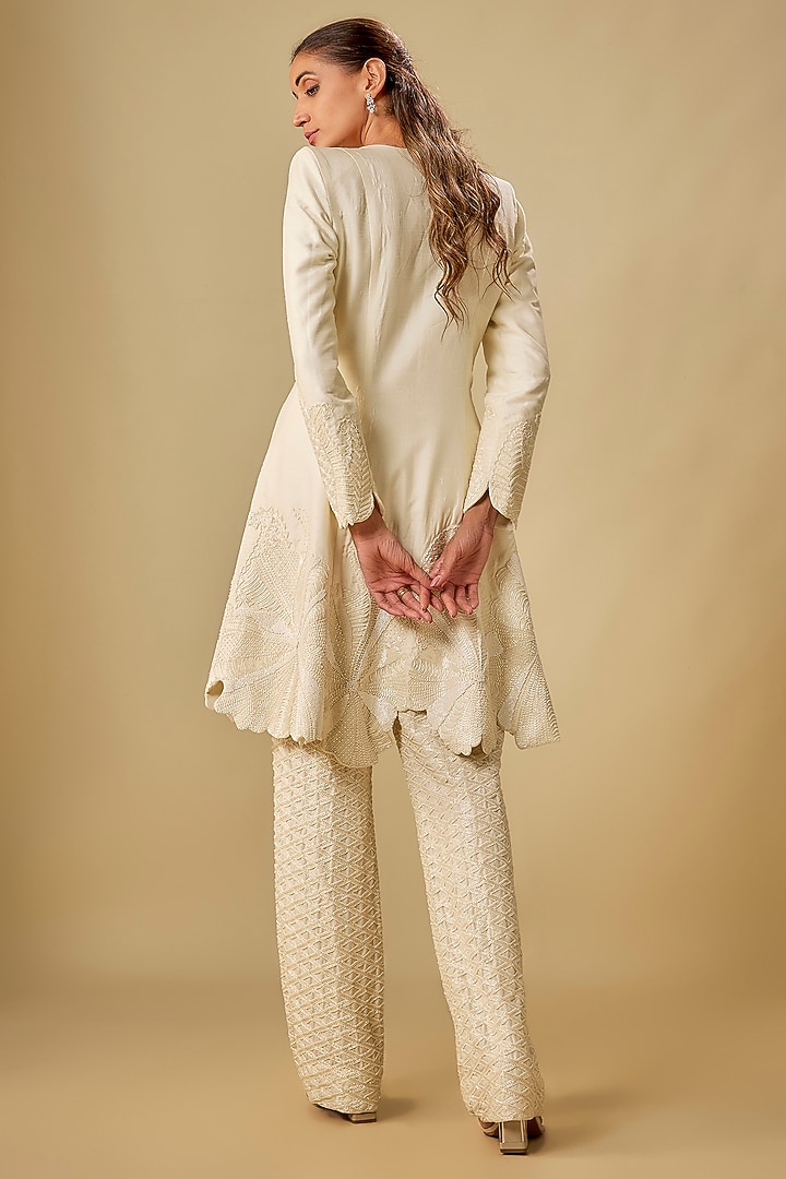 Ivory Raw Silk & Crepe Floral Cutwork Bridal Anarkali Set by ASHUTOSH JOSHI at Pernia's Pop Up Shop