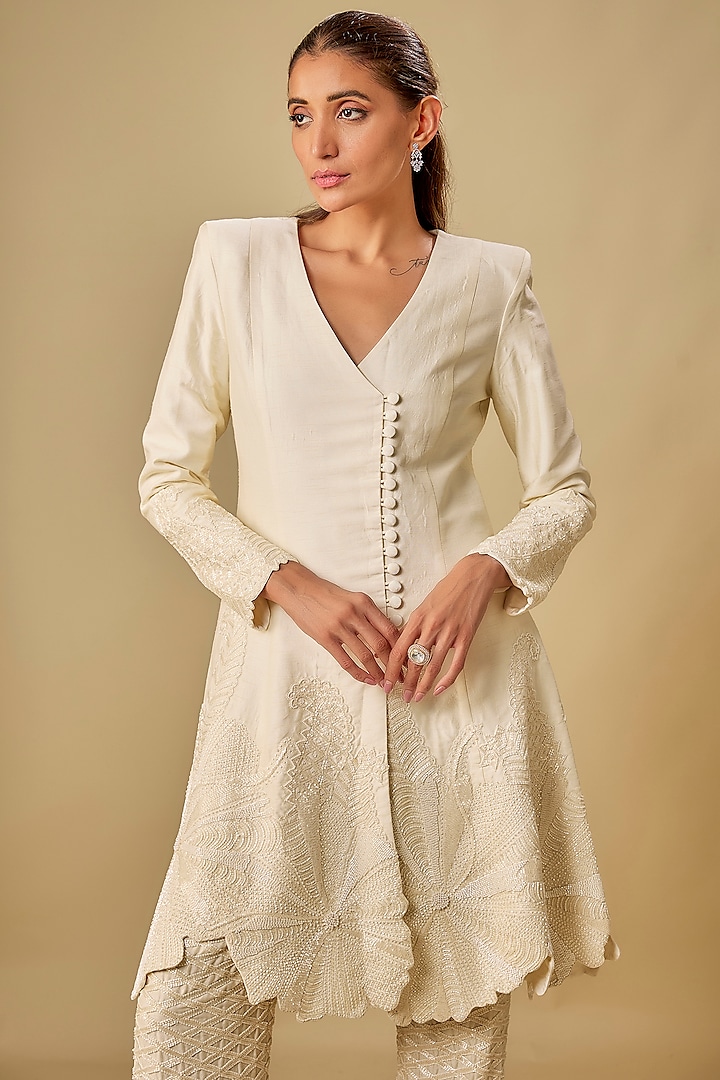 Ivory Raw Silk & Crepe Floral Cutwork Bridal Anarkali Set by ASHUTOSH JOSHI at Pernia's Pop Up Shop