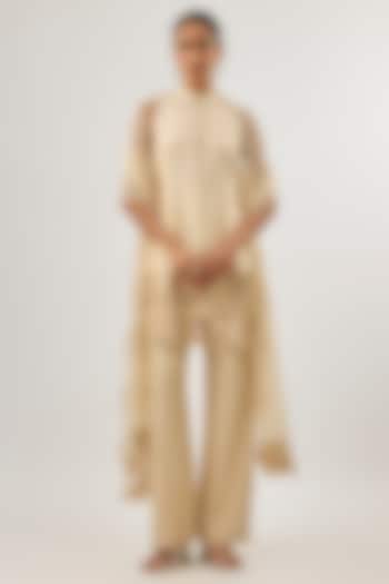 Beige & Gold Abstract Floral Embroidered Kurta Set by ASHUTOSH JOSHI at Pernia's Pop Up Shop