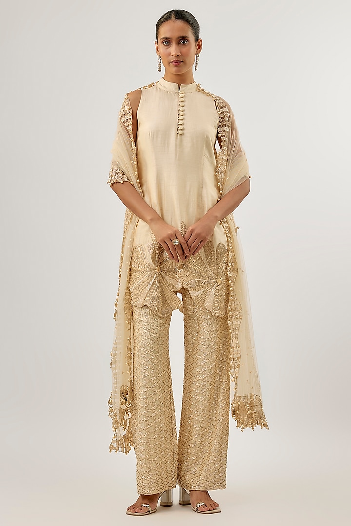 Beige & Gold Abstract Floral Embroidered Kurta Set by ASHUTOSH JOSHI at Pernia's Pop Up Shop