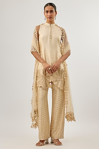 Beige & Gold Abstract Floral Embroidered Kurta Set by ASHUTOSH JOSHI