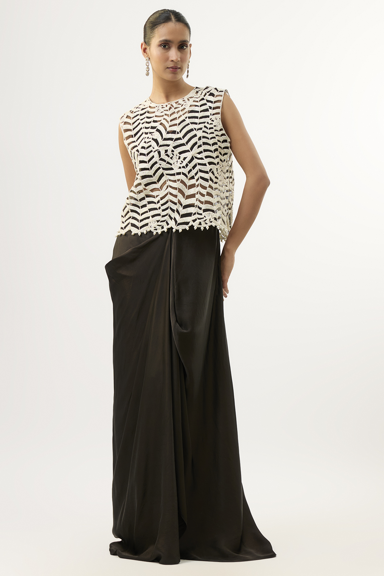 Black Bemberg Satin Draped Skirt Set by ASHUTOSH JOSHI at Pernia's Pop Up Shop
