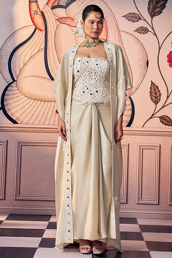 Cream Crepe Mirror Knotted Skirt Set by ASHUTOSH JOSHI at Pernia's Pop Up Shop