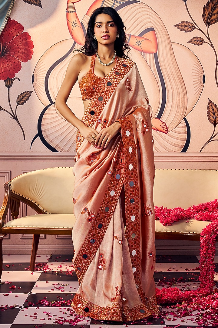 Orange Zari Silk Geometric Printed Reception Saree Set by ASHUTOSH JOSHI at Pernia's Pop Up Shop