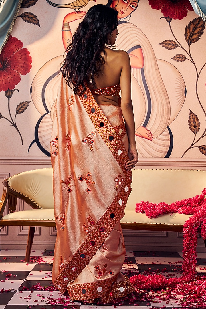 Orange Zari Silk Geometric Printed Reception Saree Set by ASHUTOSH JOSHI at Pernia's Pop Up Shop