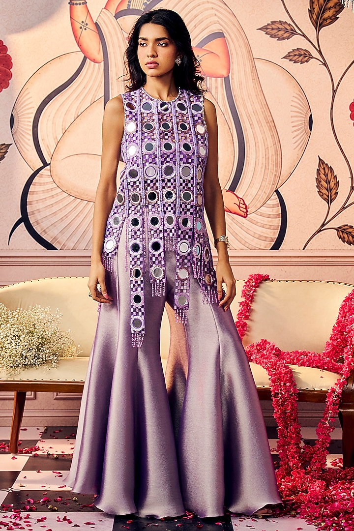 Lavender Bemberg Satin Wedding Sharara Set by ASHUTOSH JOSHI at Pernia's Pop Up Shop