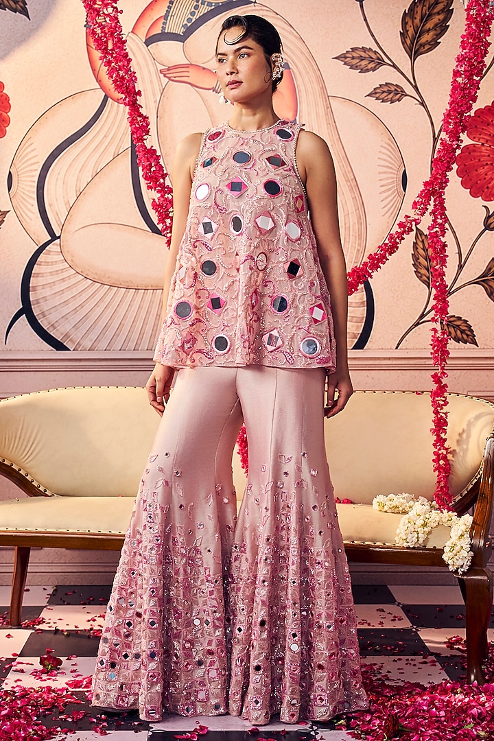 Pink Crepe Mirror Work Bridal Sharara Set by ASHUTOSH JOSHI at Pernia's Pop Up Shop