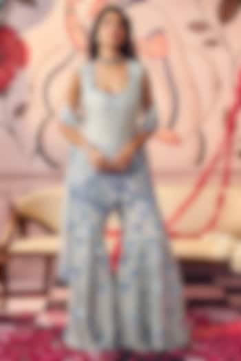 Blue Crepe Mirror Jaal Bridal Sharara Set by ASHUTOSH JOSHI at Pernia's Pop Up Shop