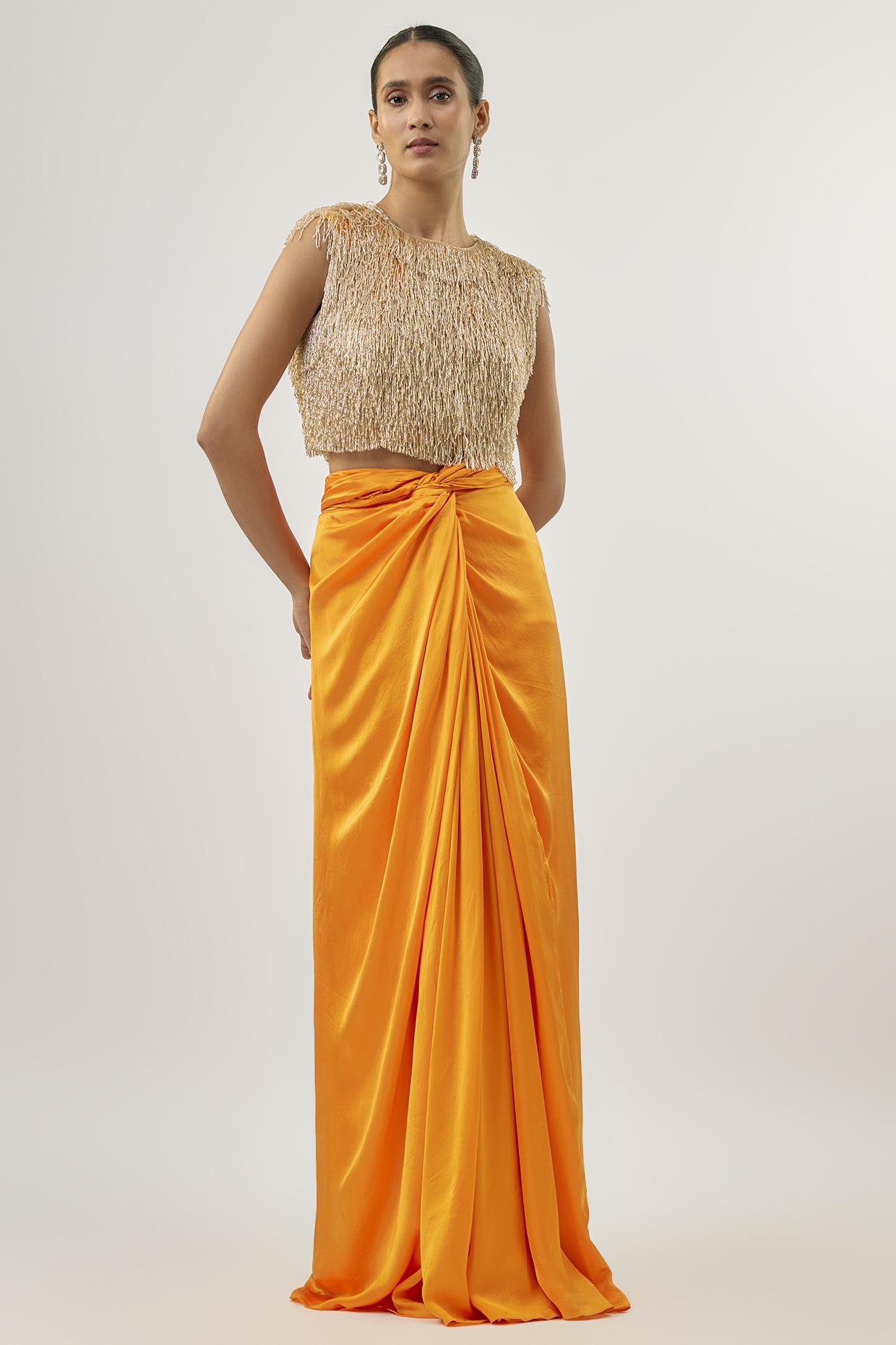 Tangerine Bemberg Satin Knotted Skirt Set by ASHUTOSH JOSHI at Pernia's Pop Up Shop