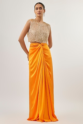 Tangerine Bemberg Satin Knotted Skirt Set by ASHUTOSH JOSHI