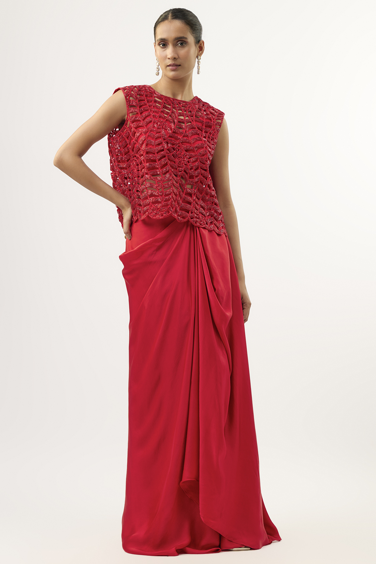 Red Bemberg Satin Draped Skirt Set by ASHUTOSH JOSHI at Pernia's Pop Up Shop