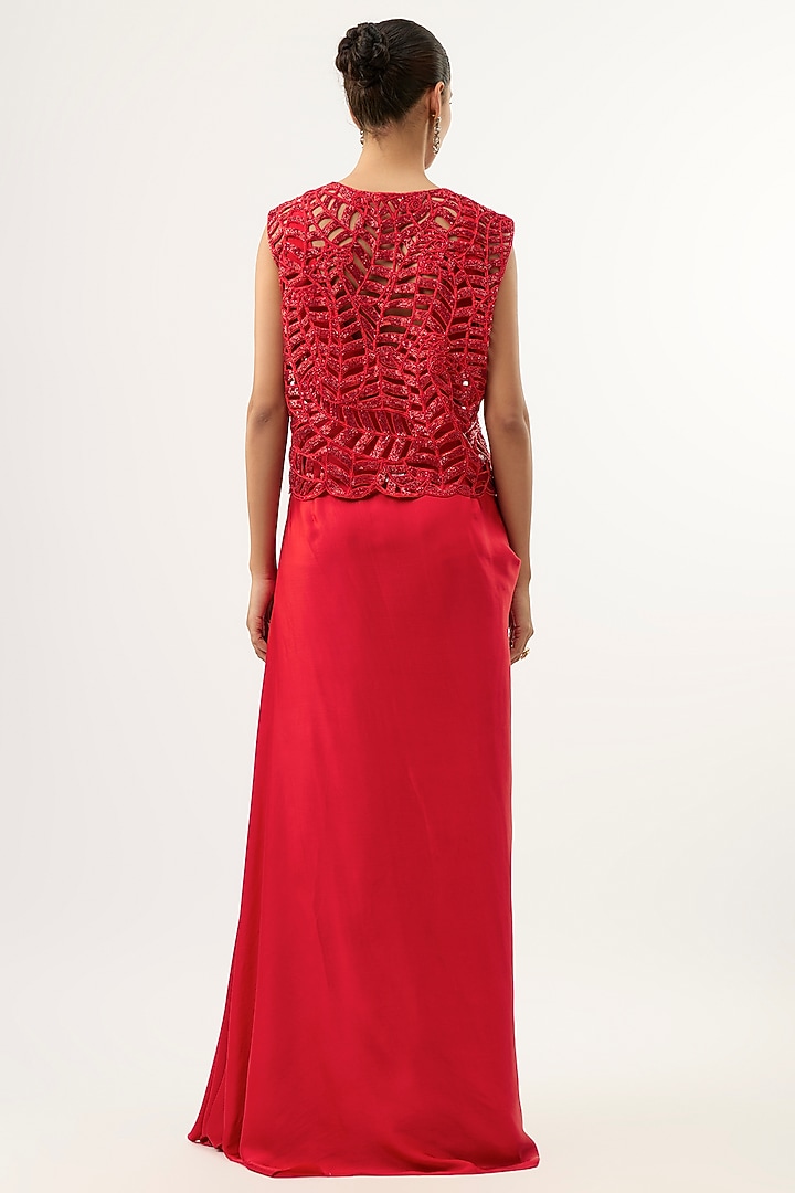 Red Bemberg Satin Draped Skirt Set by ASHUTOSH JOSHI at Pernia's Pop Up Shop