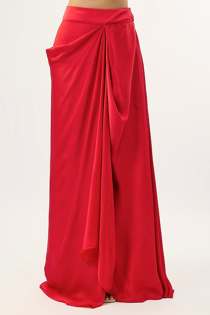 Red Bemberg Satin Draped Skirt Set by ASHUTOSH JOSHI at Pernia's Pop Up Shop