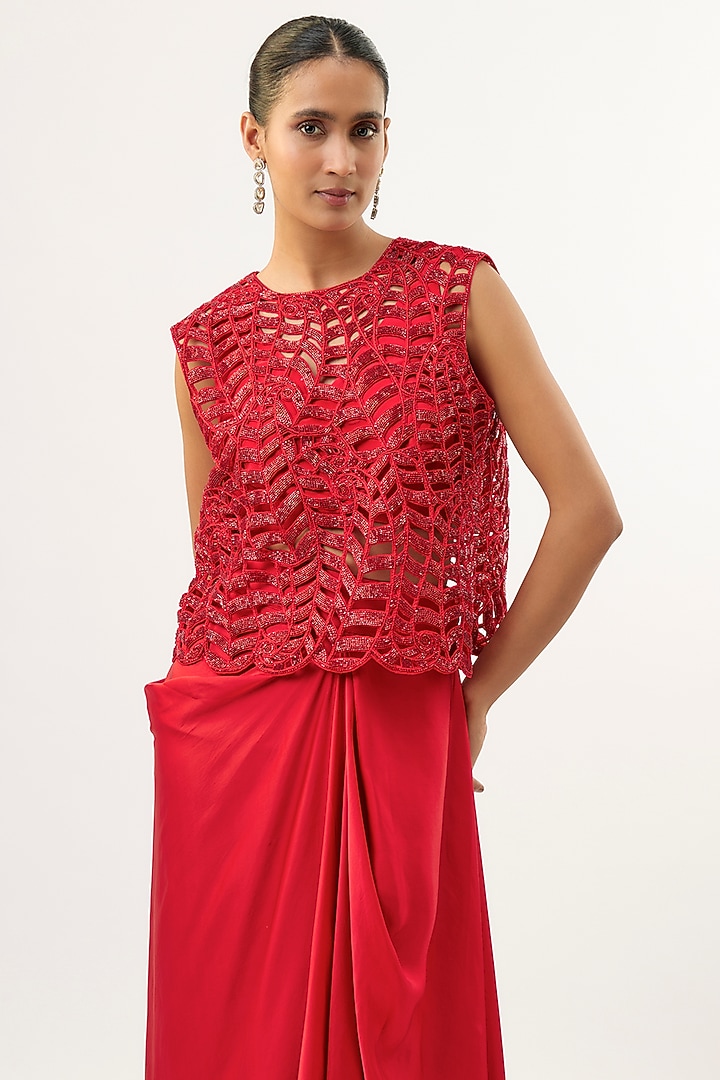 Red Bemberg Satin Draped Skirt Set by ASHUTOSH JOSHI at Pernia's Pop Up Shop