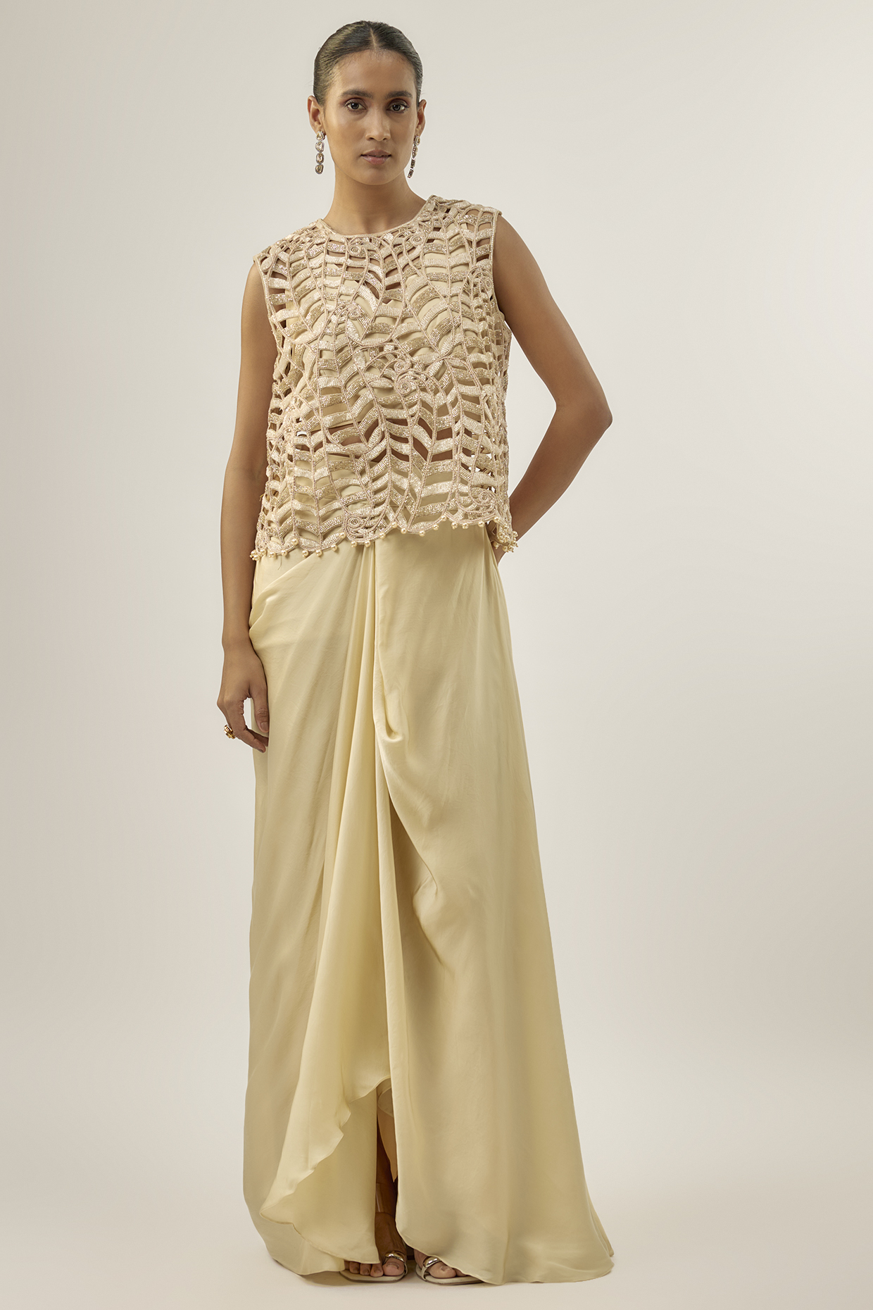 Beige Bemberg Satin Draped Skirt Set by ASHUTOSH JOSHI at Pernia's Pop Up Shop