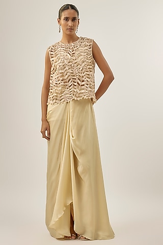 Beige Bemberg Satin Draped Skirt Set by ASHUTOSH JOSHI