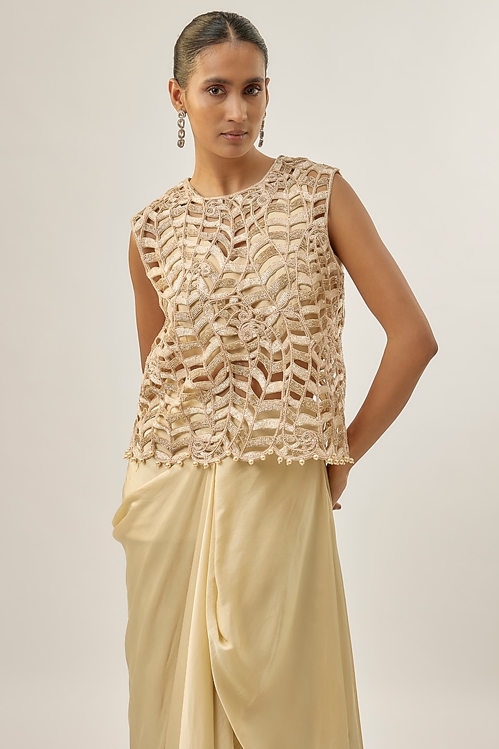 Beige Bemberg Satin Draped Skirt Set by ASHUTOSH JOSHI at Pernia's Pop Up Shop