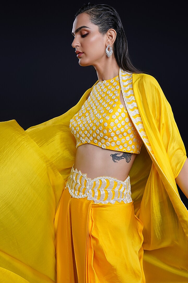 Yellow Bemberg Satin Resham Embroidered Cape Set by ASHUTOSH JOSHI at Pernia's Pop Up Shop