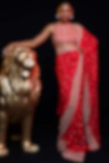 Ecstatic Red Raw Silk Sequins & Resham Embroidered Saree Set by ASHUTOSH JOSHI