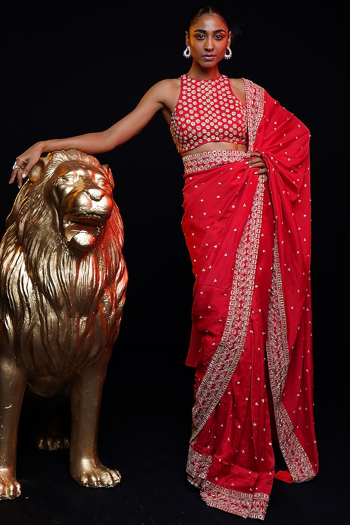 Ecstatic Red Raw Silk Sequins & Resham Embroidered Saree Set by ASHUTOSH JOSHI