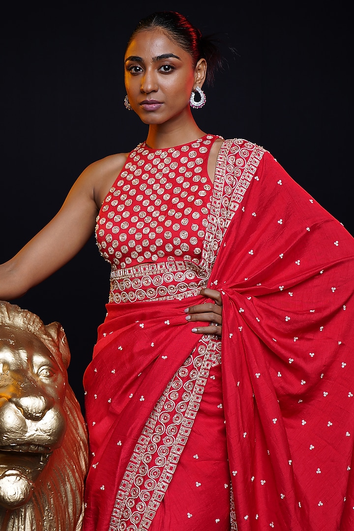 Ecstatic Red Raw Silk Sequins & Resham Embroidered Wedding Saree Set by ASHUTOSH JOSHI at Pernia's Pop Up Shop
