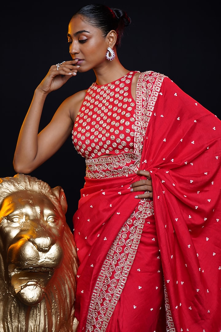 Ecstatic Red Raw Silk Sequins & Resham Embroidered Wedding Saree Set by ASHUTOSH JOSHI at Pernia's Pop Up Shop
