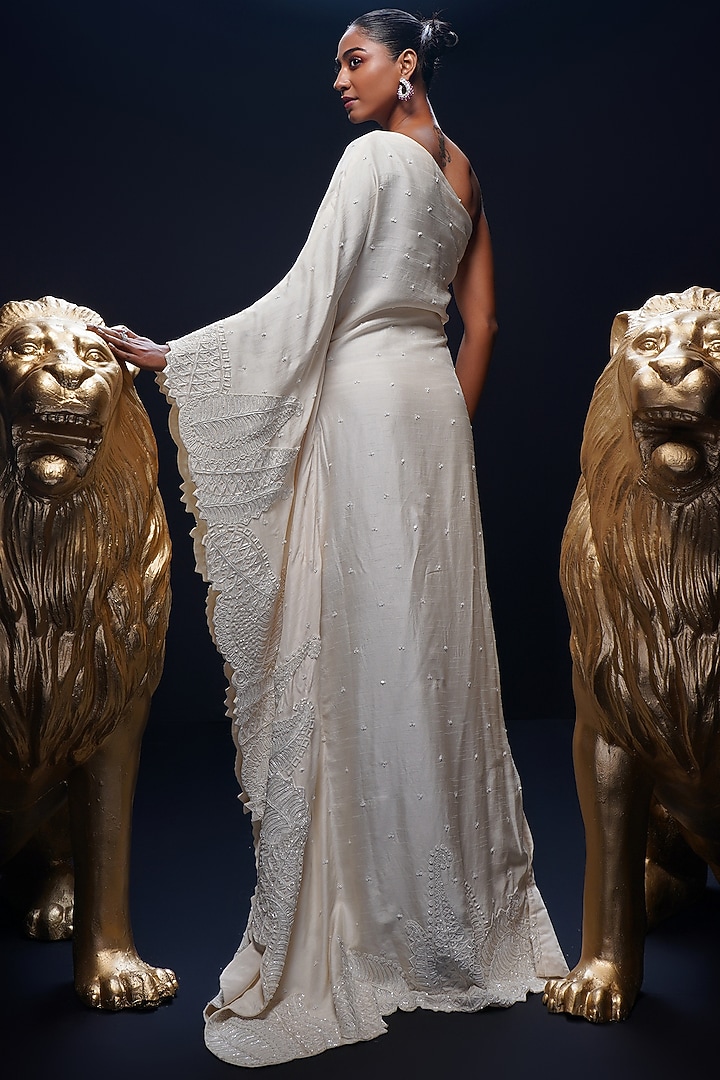 Ivory Raw Silk & Net Cutwork Hand Embroidered Kaftan by ASHUTOSH JOSHI at Pernia's Pop Up Shop