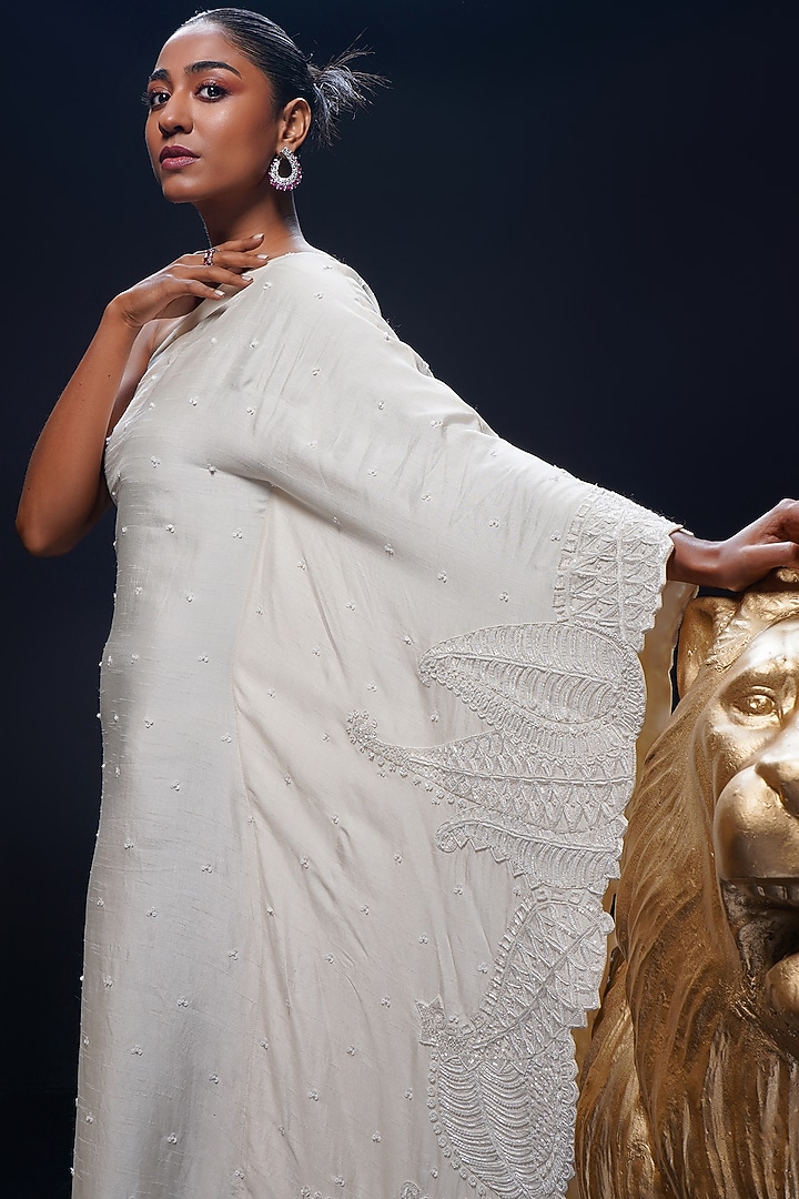 Ivory Raw Silk & Net Cutwork Hand Embroidered Kaftan by ASHUTOSH JOSHI at Pernia's Pop Up Shop
