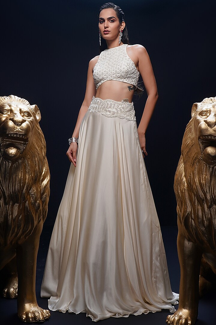 Ivory Bemberg Satin Abstract Cutwork Wedding Lehenga Set by ASHUTOSH JOSHI at Pernia's Pop Up Shop