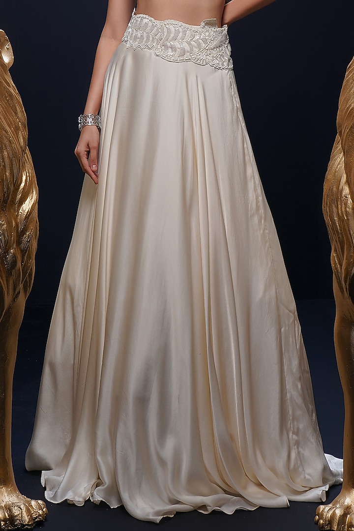 Ivory Bemberg Satin Abstract Cutwork Wedding Lehenga Set by ASHUTOSH JOSHI at Pernia's Pop Up Shop