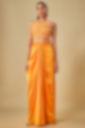 Orange & Gold Bemberg Satin Knotted Skirt Set by ASHUTOSH JOSHI at Pernia's Pop Up Shop