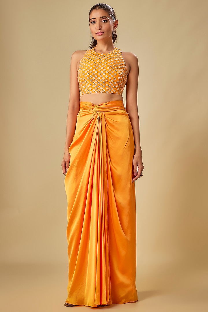 Orange & Gold Bemberg Satin Knotted Skirt Set by ASHUTOSH JOSHI at Pernia's Pop Up Shop
