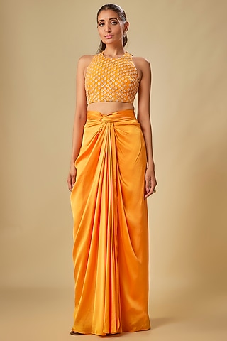 Orange & Gold Bemberg Satin Knotted Skirt Set by ASHUTOSH JOSHI