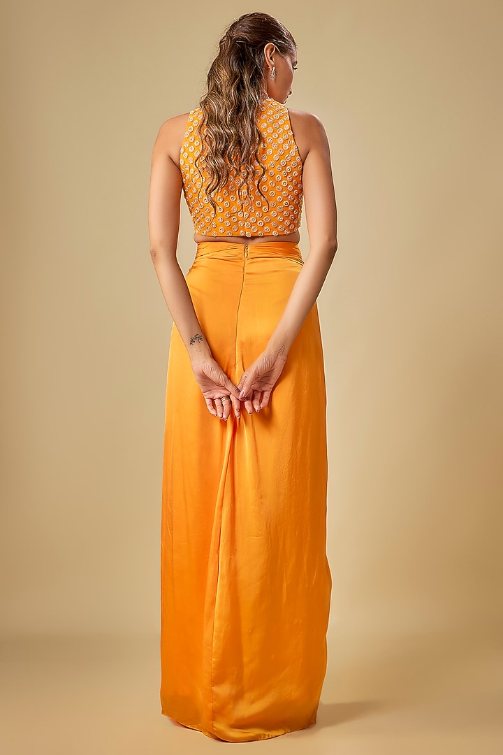 Orange & Gold Bemberg Satin Knotted Skirt Set by ASHUTOSH JOSHI at Pernia's Pop Up Shop