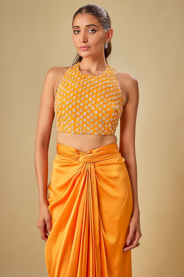 Orange & Gold Bemberg Satin Knotted Skirt Set by ASHUTOSH JOSHI at Pernia's Pop Up Shop