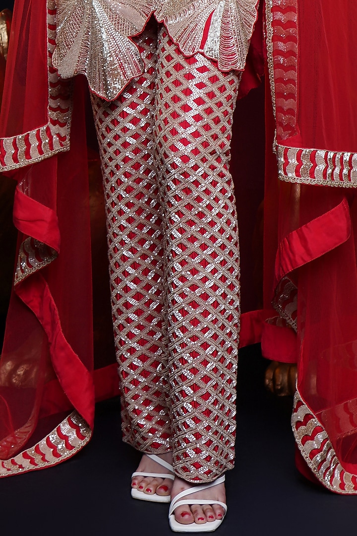 Ecstatic Red Raw Silk Hibiscus Cutwork Kurta Set by ASHUTOSH JOSHI at Pernia's Pop Up Shop