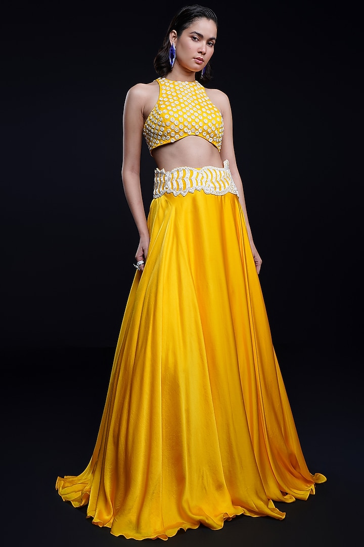 Yellow Bemberg Satin Abstract Cutwork Wedding Lehenga Set by ASHUTOSH JOSHI at Pernia's Pop Up Shop