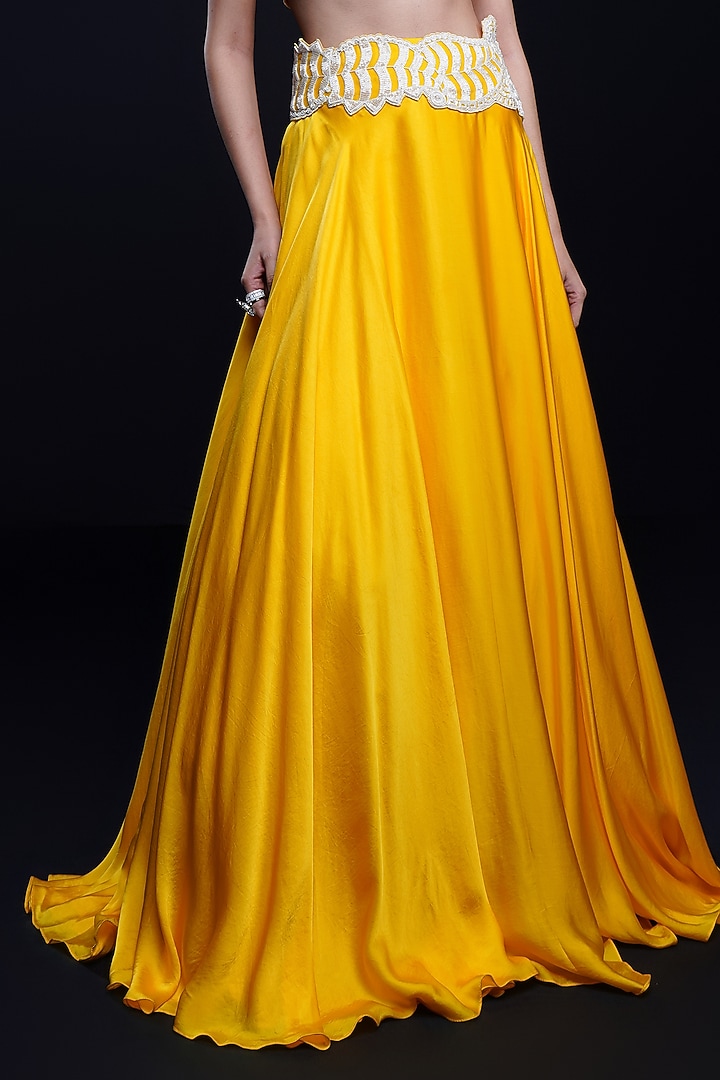 Yellow Bemberg Satin Abstract Cutwork Wedding Lehenga Set by ASHUTOSH JOSHI at Pernia's Pop Up Shop