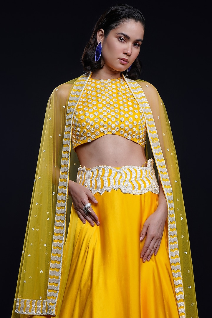 Yellow Bemberg Satin Abstract Cutwork Wedding Lehenga Set by ASHUTOSH JOSHI at Pernia's Pop Up Shop