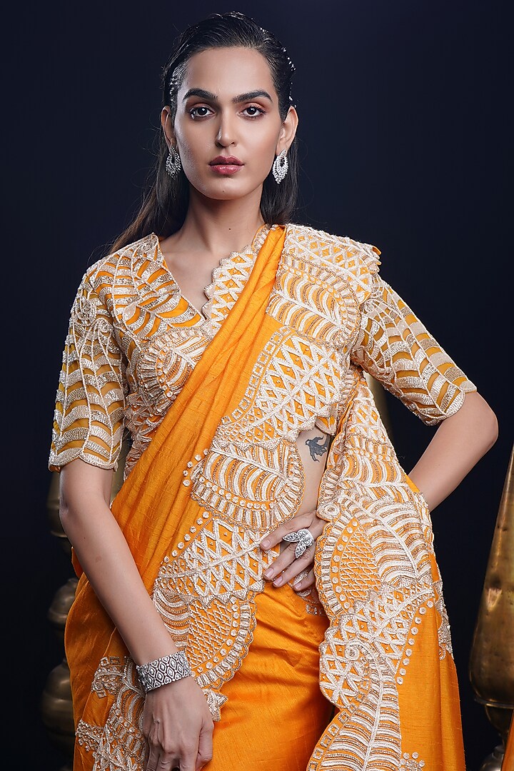 Tangerine Raw Silk Cutwork & Resham Hand Embroidered Reception Saree Set by ASHUTOSH JOSHI at Pernia's Pop Up Shop