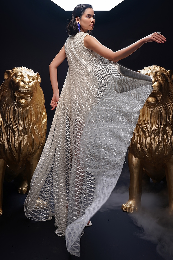 Ivory Net & Crepe Resham Embroidered Jacket Party Wear Dress by ASHUTOSH JOSHI at Pernia's Pop Up Shop