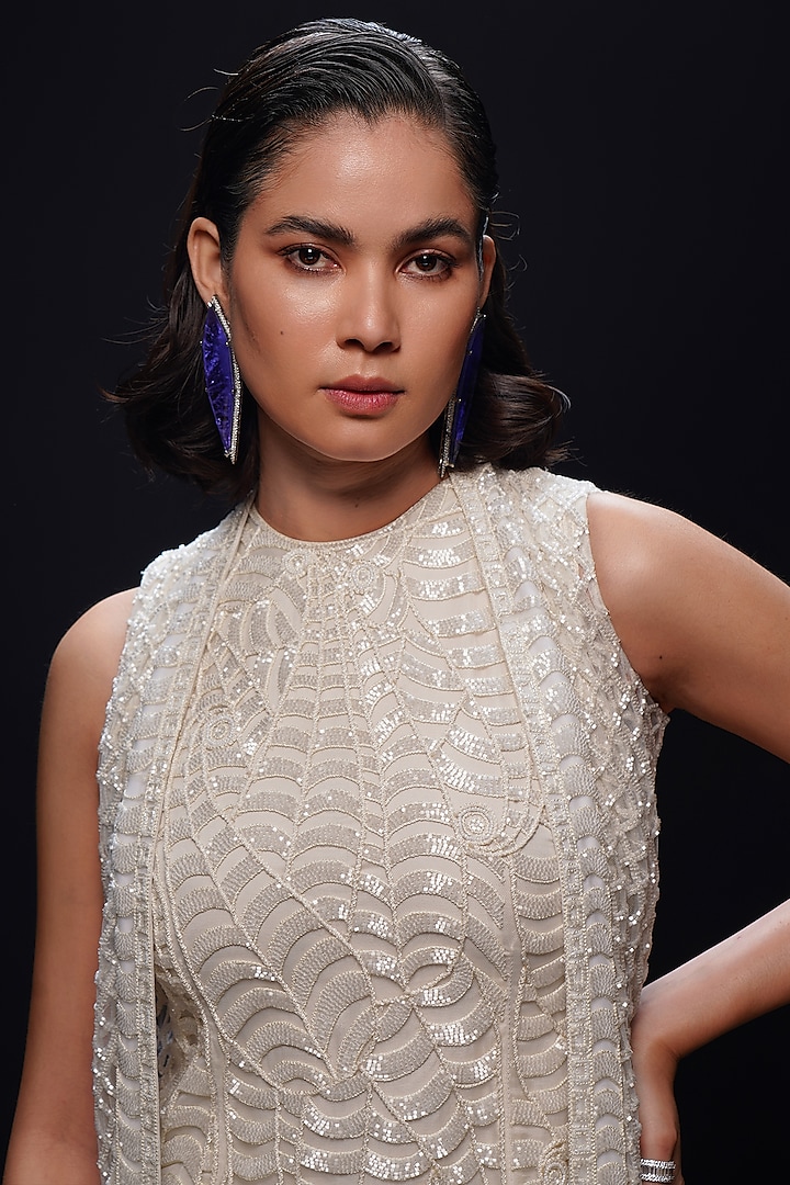 Ivory Net & Crepe Resham Embroidered Jacket Party Wear Dress by ASHUTOSH JOSHI at Pernia's Pop Up Shop