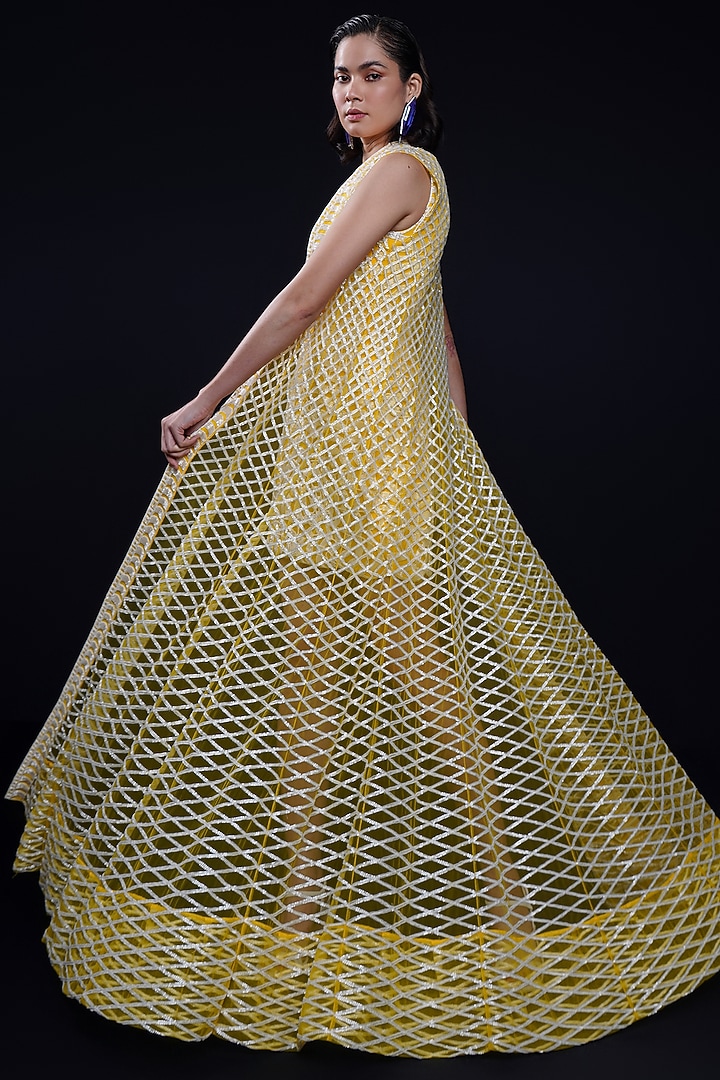 Yellow Net & Crepe Resham Embroidered Jacket Party Wear Dress by ASHUTOSH JOSHI at Pernia's Pop Up Shop