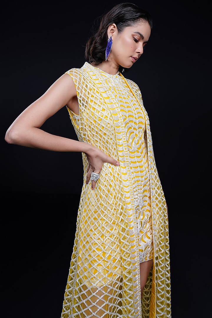 Yellow Net & Crepe Resham Embroidered Jacket Party Wear Dress by ASHUTOSH JOSHI at Pernia's Pop Up Shop