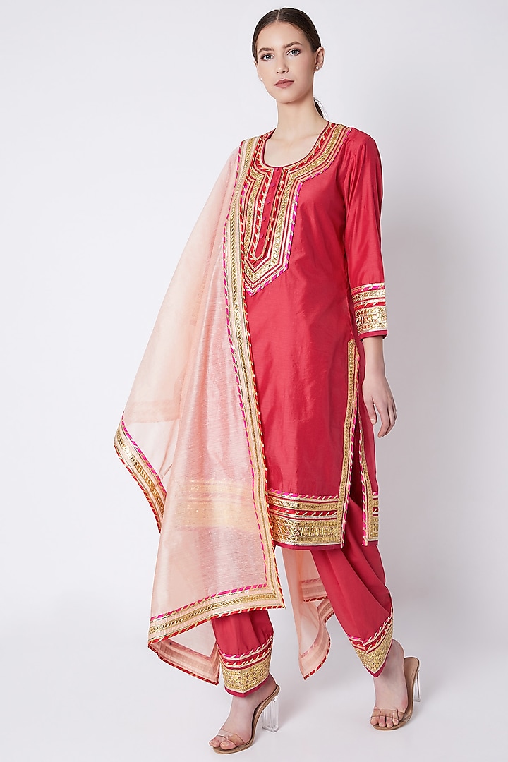 Red Embroidered Kurta Set by ASAL By Abu Sandeep