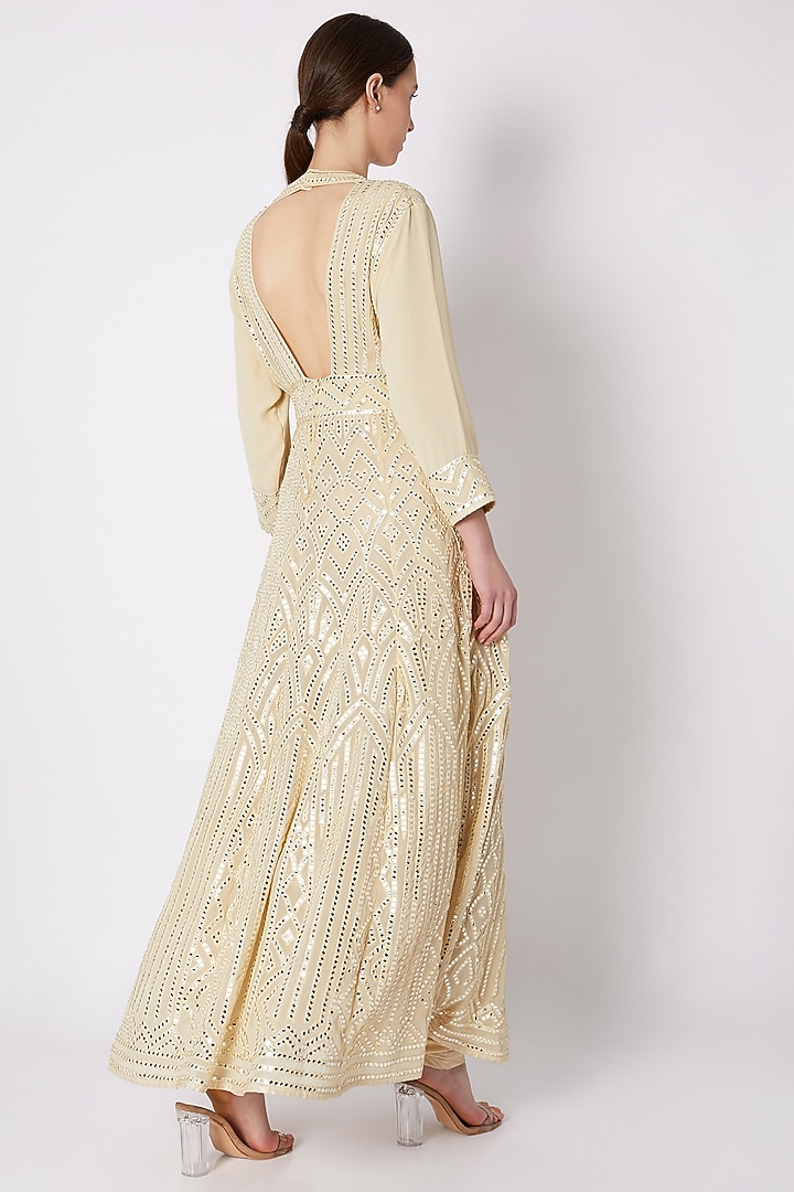 Beige Mirror Embroidered Bridal Anarkali Set by ASAL By Abu Sandeep at Pernia's Pop Up Shop