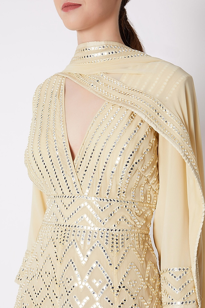 Beige Mirror Embroidered Bridal Anarkali Set by ASAL By Abu Sandeep at Pernia's Pop Up Shop