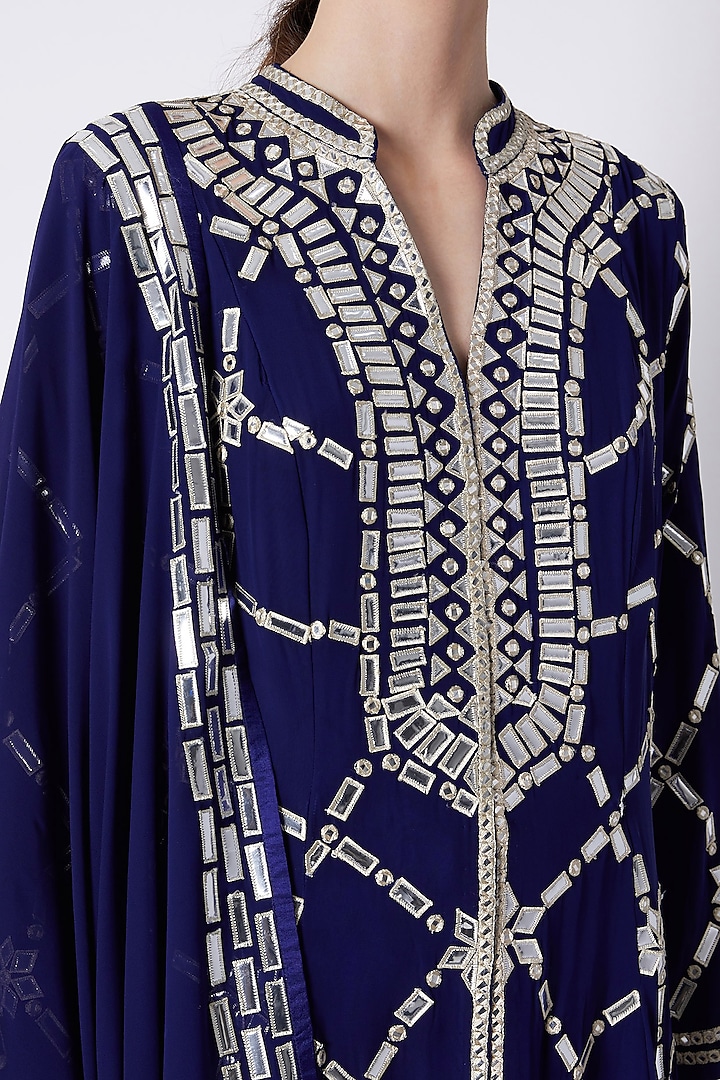 Navy Blue Embroidered Flared Kurta Set by ASAL By Abu Sandeep at Pernia's Pop Up Shop